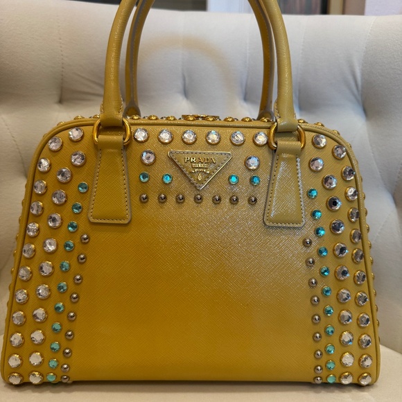Prada Large Pyramid Top Handle Studded Vernice Saffiano Leather Handbag - Picture 1 of 15